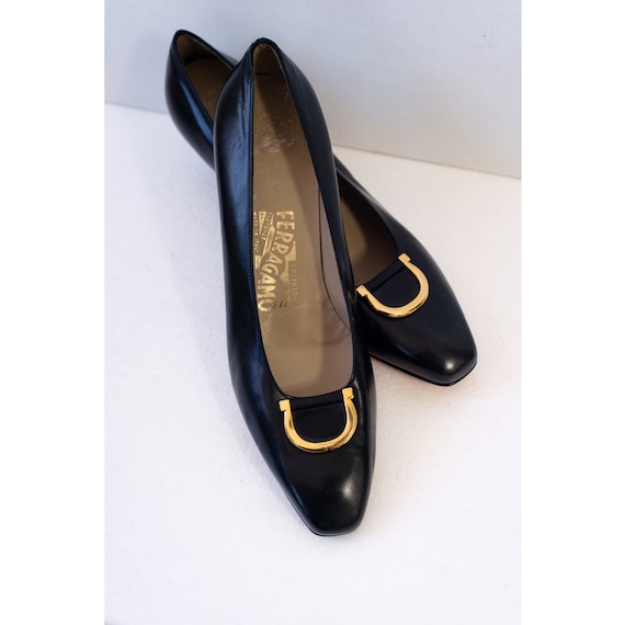 1970's Salvatore Ferragamo Black Pumps with Brass