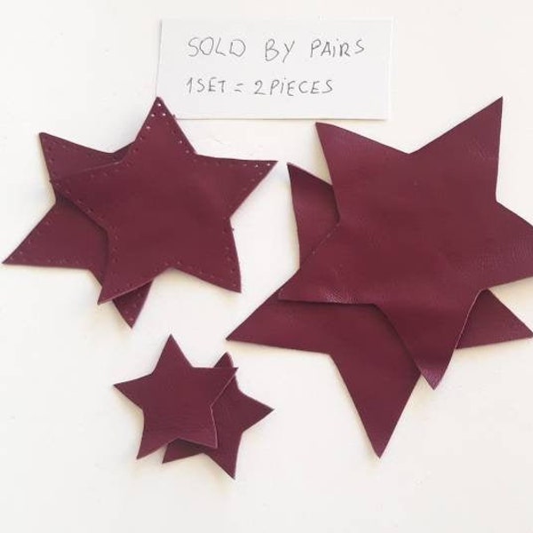 Burgundy leather star patches for jackets, set of 2, sew on patches, knee pads, leather applique