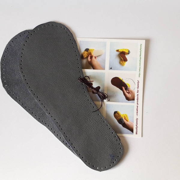 Grey leather sew on soles for slippers and socks, size 36EU-48EU