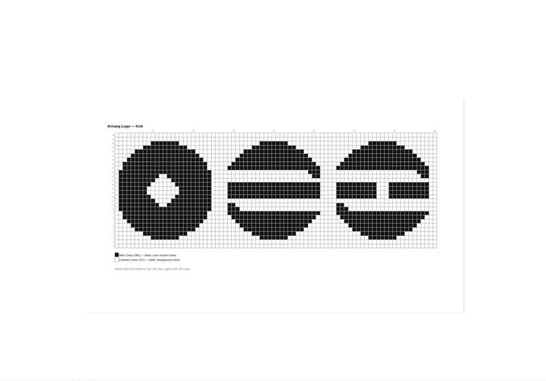 May include: A cross-stitch pattern chart titled Arirang Logo - Knit featuring three circular black pixelated designs on a white grid. The first circle has a central white diamond, the second has two horizontal bars, and the third has a horizontal H shape.