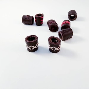 Small dark brown leather hair, beard dread bead with cross stitch