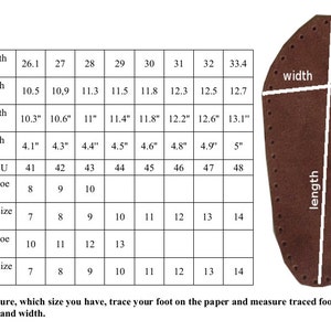 May include: A brown leather insole with a grid of holes around the edge. The insole is marked with lines to show how to measure the length and width of a foot. A chart shows shoe sizes in US, UK, and EU sizes, as well as the corresponding sole length and width in inches and centimeters.
