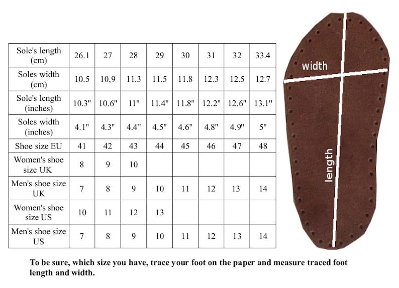 May include: A brown leather insole with a grid of holes around the edge. The insole is marked with lines to show how to measure the length and width of a foot. A chart shows shoe sizes in US, UK, and EU sizes, as well as the corresponding sole length and width in inches and centimeters.