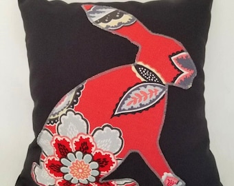 Bunny Rabbit Pillow - Appliqued Coral Pink Floral Bunny  on Charcoal Grey background 12" x 12"
