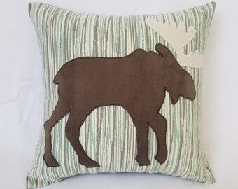 Moose Pillow - Moose Appliqued on Teal and Taupe Striped background  12" x 12"