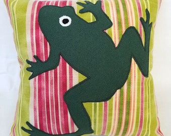 Frog  Pillow - Frog Appliqued on  Pink and Green Striped background  12" x 12"