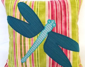 Dragonfly  Pillow - Dragonfly Appliqued on  Pink and Green Striped background  12" x 12"