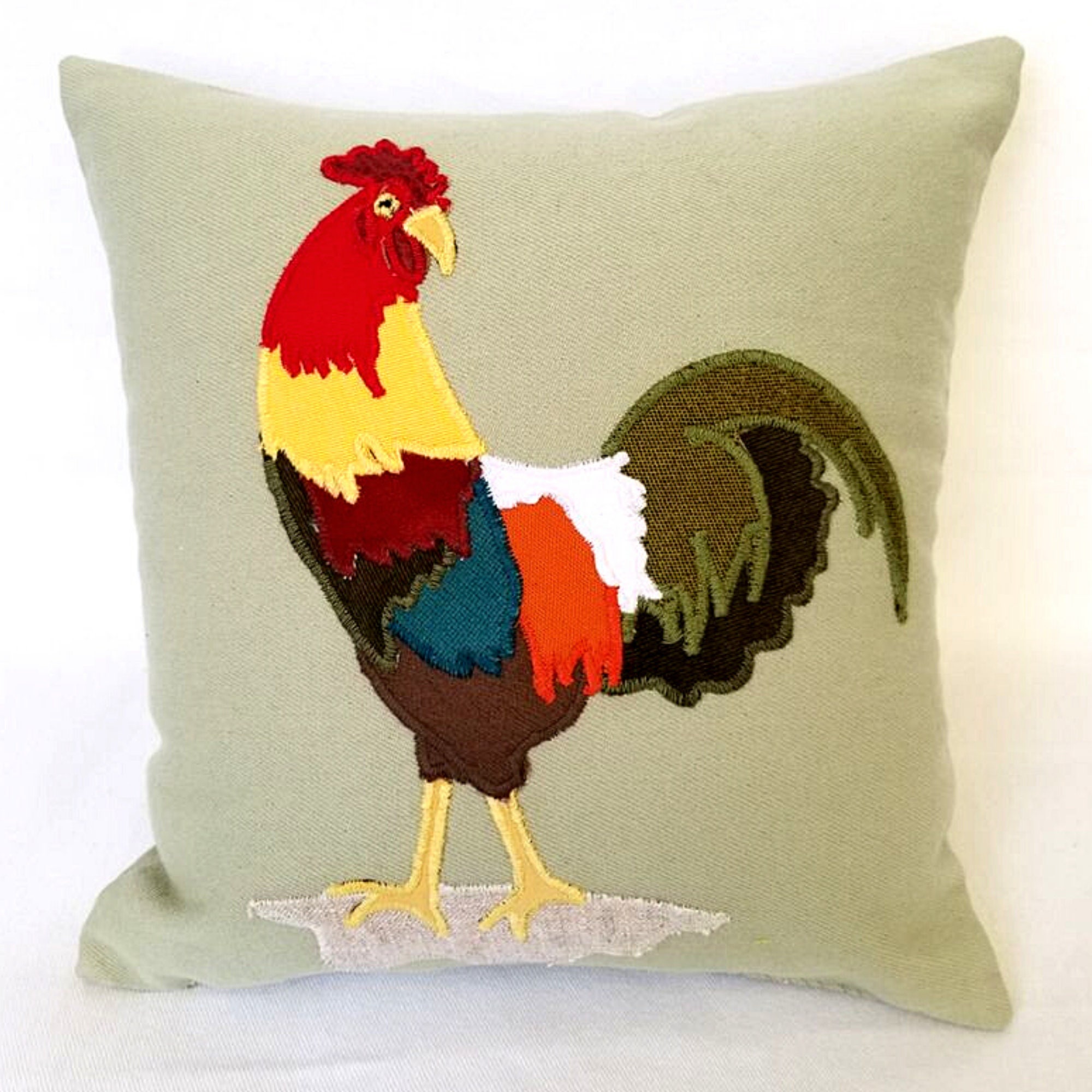Rooster Pillow Rooster Appliqued on light green background Etsy