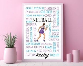 Personalised Netball Player Word Print -Birthday,Daughter/Sister/Best Friend/Neice, Netball Team, gd gk c ga gs wd wa  Netball match,Court