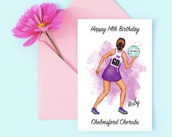 Personalised Netball Player Card -Birthday,Daughter/Sister/Best Friend/Neice, Netball Team, gd gk c ga gs wd wa  Netball match,Court