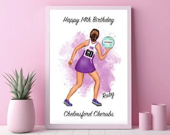 Personalised Netball Player Print -Birthday,Daughter/Sister/Best Friend/Neice, Netball Team, gd gk c ga gs wd wa  Netball match,Court