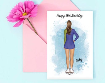 May include: A white card with a watercolor background featuring a figure skater in a blue and green skating outfit. The text "Happy 18th Birthday" is at the top of the card and the name "Ruby" is at the bottom.