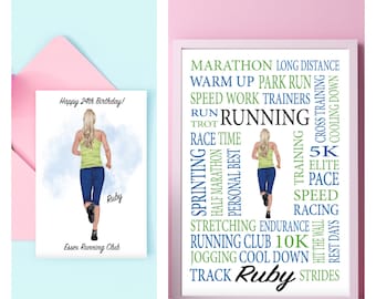 Personalised Female Runner Card & Word Print Set -Daughter/Granddaughter/Sister/Best Friend/Neice, Running/Run/Sprint, Marathon/Running Club