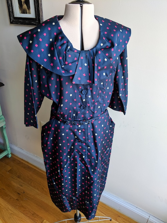 Vintage 1950s Blue Party Dress Shirtwaist Belt Poc