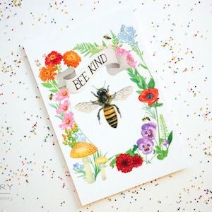 Carte postale Bee Kind Cottagecore - Nature, floral, botanique, carte Save the Bees