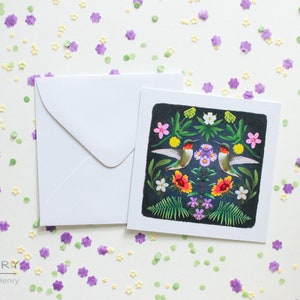 Cartão de belas artes florais de beija-flor 3 x 3 polegadas - presente botânico floral da natureza