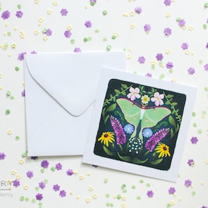 Cartão de belas artes florais Luna Moth 3 x 3 polegadas - Presente botânico floral da natureza