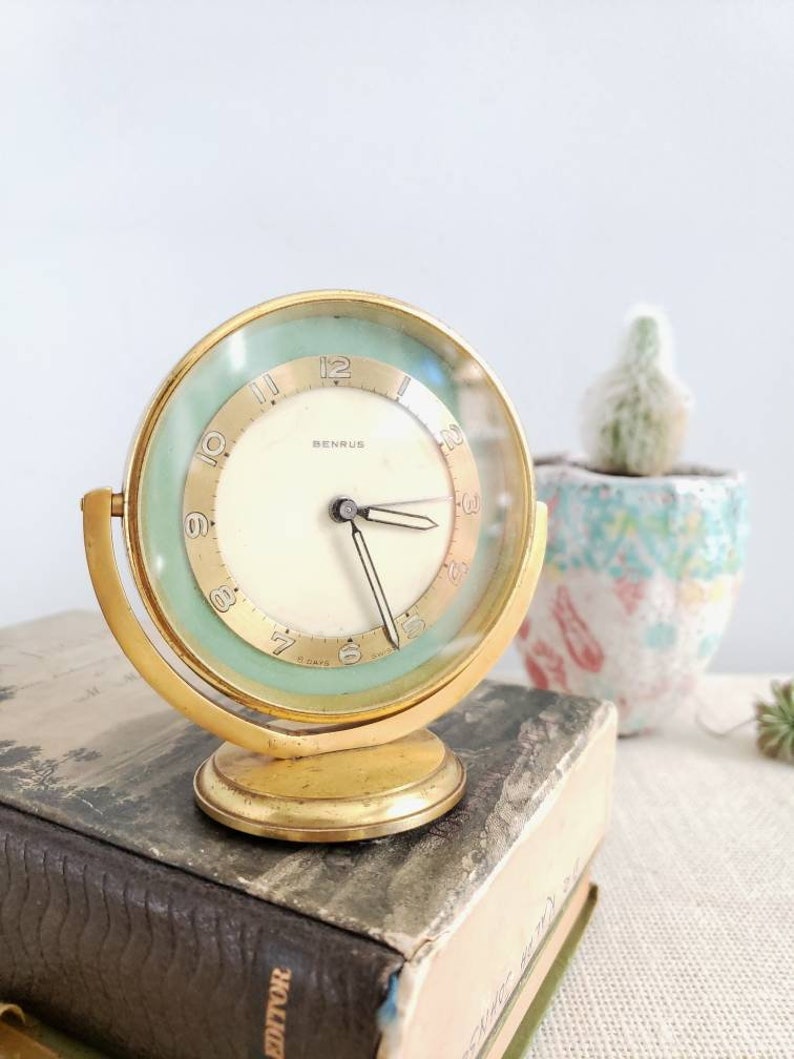 Vintage Benrus Swiss Alarm Clock, Rare Sea Foam Green & Brass 8 Days