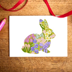Beautiful Rabbit greeting card - Floral card, Spring flowers card, Bunny card - art card. Unique watercolour, printed on to high-quality textured card and blank inside  for you to write a message. Comes with a brown Kraft envelope