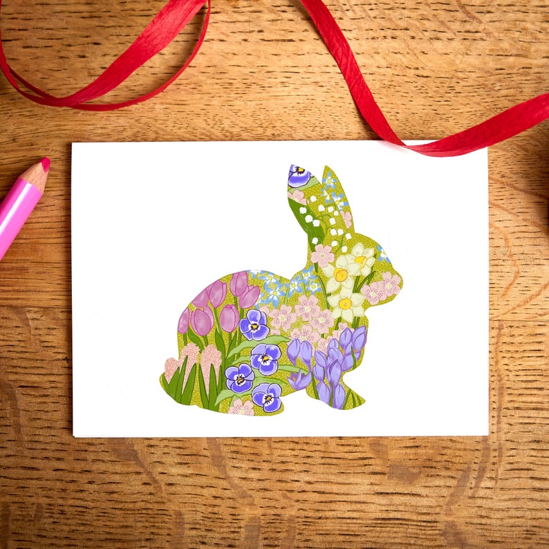 Beautiful Rabbit greeting card - Floral card, Spring flowers card, Bunny card - art card. Unique watercolour, printed on to high-quality textured card and blank inside  for you to write a message. Comes with a brown Kraft envelope