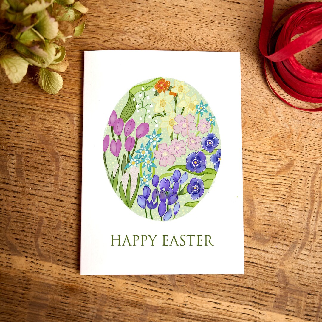 Floral Easter Egg Card, Spring Flower Art Card (plastic-free) - Etsy