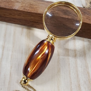 Hand Turned Gold Acrylic Handle Gold Finish Necklace Magnifying Glass