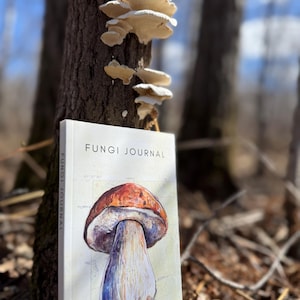 May include: A hardcover "FUNGI JOURNAL" book with a mushroom illustration on the cover, resting against a tree trunk with shelf fungi. The journal's cover features a detailed watercolor painting of a mushroom with a brown cap and white stem.