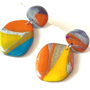 Colorful Abstract Dangle Earrings - Handmade Polymer Clay Statement Earrings - Multicolored