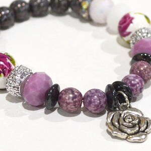 ROSE Charm Bracelet with Rhinestone & Roses Flowers Beads - Size 7