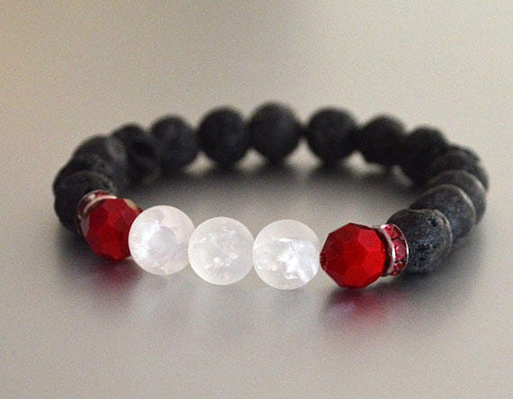 Lava Beaded Diffuser Bracelet Black W White & Red Accent Beads & Pink Rhinestones, Stretchy 6