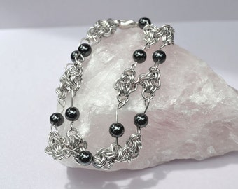 Sterling Silver Wire Chainmaille Bracelet Hematite Beads double strand handmade RU2 chainmail jewelry chain mail bracelet real silver wire