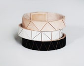 Hand Painted Leather Bangles in Matte Black, Bone White, and Natural Geometric Patterns, Set of Three Stacking Bracelets (made to order)