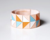 Hand Painted Leather Cuff Bracelet in Burnt Orange, Sky Blue, White, Natural "Split Arrowheads" Geometric Triangle Pattern (made to order)