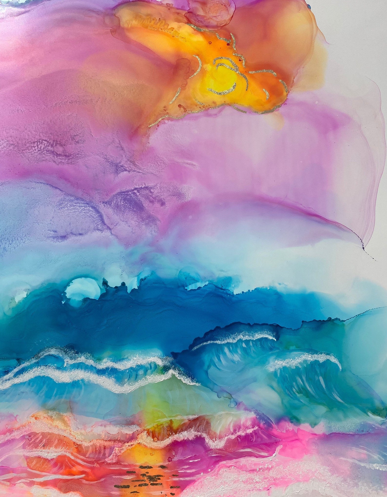 Wall Art Ocean Alcohol Ink Sunset Sea Sand and Shore Island Etsy