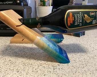 Wine bottle holder, single floating made from wood with resin detailing! Ocean or geode like or abstract great company, wedding or wine gift