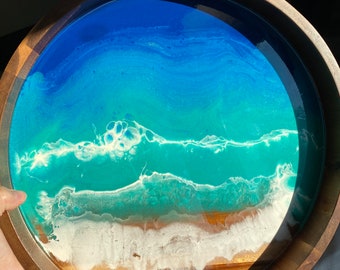 Round Serving Tray with Cut Out Handles with Handle Ocean and Abstract Resin Art