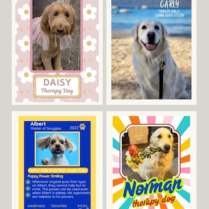 May include: Four images of therapy dogs. One image shows a dog named Daisy wearing a crown and a pink dress. Another shows Carly at the beach. Albert's card shows his puppy power is smiling. Norman holds flowers.