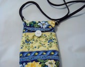 YELLOW BLUE FLOWERS Across the body hip bag, water bottle bag, iPhone bag, button loop closure, 48 quot strap, 6x4. quilted cotton