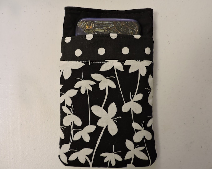 POLKADOTS iPhoneeyeglass case 7x4,quilted cotton Black and White BUTTERFLIES FLOWERS Double case