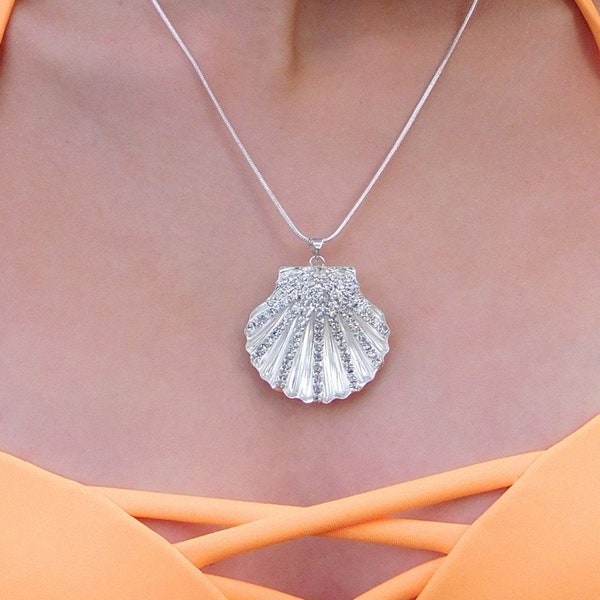Crystal Seashell Necklace on a 20 inch Silver Snake Chain is beautiful and beachy.  Dimensional silver shell with crystals.  Beach wedding.