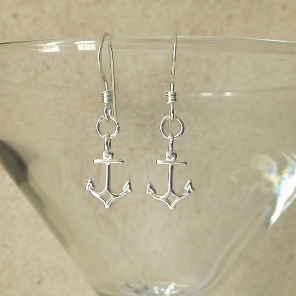 Sterling Silver Anchor Earrings - Tiny Silver Anchors hang from Sleek Fish Hook Ear Wires - Nautical Earrings
