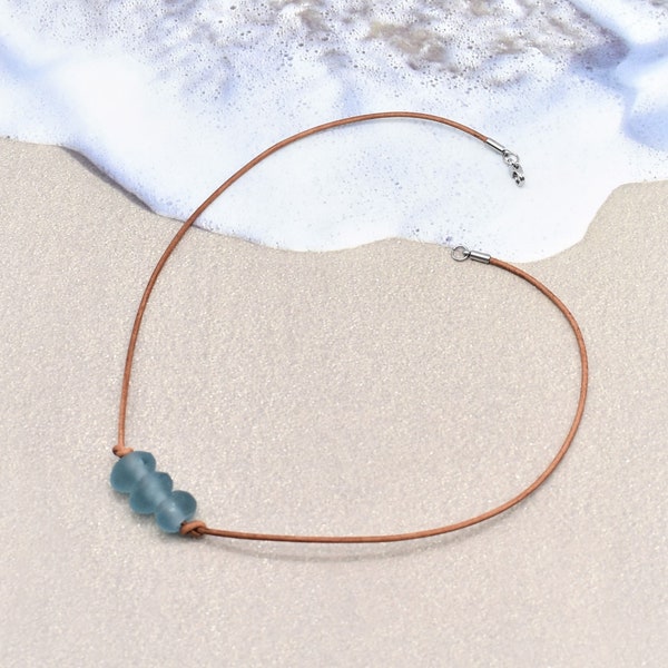 Ocean Blue Beach Glass on Natural Leather Necklace - Recycled Indonesian Java Glass Fair Trade Beads - Beach Surfer Necklace - Sea Glass
