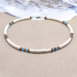 Puka Shell Surfer Necklace with Blue Sea Glass and Coconut Wood - Unisex Necklace - Shell Beach Glass - Gift for Son Daughter Friend Brother