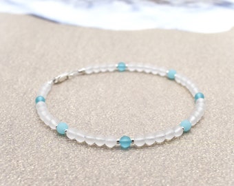 Anklet Sea Glass Beads and Sterling Silver -  Surfer Anklet Pretty Ocean Blue and White Beach Glass - Water Safe -  City Beaded Anklet