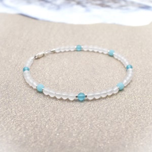 Anklet Sea Glass Beads and Sterling Silver - Surfer Anklet Pretty Ocean Blue and White Beach Glass - Gift for Surfer Girl, Daughter, Friend