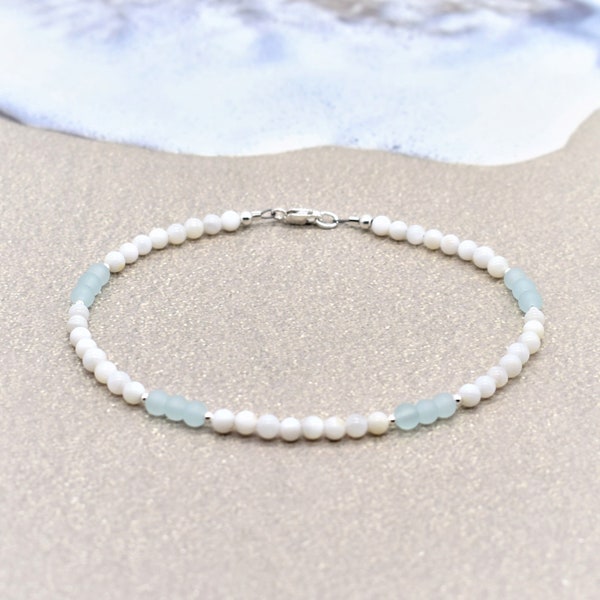 Anklet - Seafoam Seaglass and Mother of Pearl Beads with Sterling Silver Accents