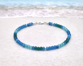 Anklet Deep Blue Sea Glass Beads Sterling Silver Accents Surfer Beach Glass Anklet Beach Wedding Anklet Pretty Blue Jeans Anklet