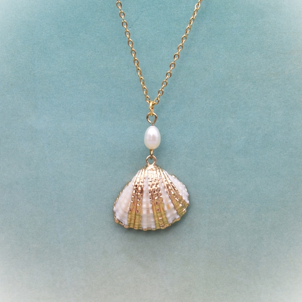 Gold Arca Shell Necklace: Freshwater Pearl Beach Pendant