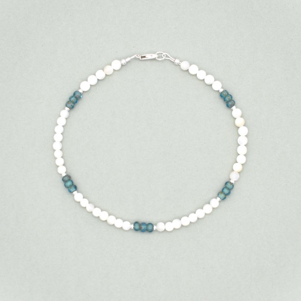 Anklet -  White Mother of Pearl and Beachy Aqua Glass Anklet with Sterling Silver Accents - Surfer Anklet - Beach Anklet - Prom Anklet