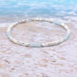 Seafoam Sea Glass Anklet: Sterling Silver, Mother of Pearl Beach Jewelry